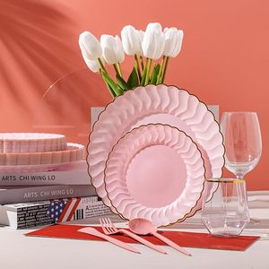 Assiettes en plastique <span class=keywords><strong>rose</strong></span> avec bordure dorée Design floral pour fête mariage ensemble de <span class=keywords><strong>vaisselle</strong></span> salle à manger fête maison dîner <span class=keywords><strong>vaisselle</strong></span> - Product Image 2