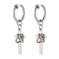 Boucles d'oreilles créoles unisexes punk avec croix pendante, en acier inoxydable, détail noué, style niche unique et urbain, vente en gros