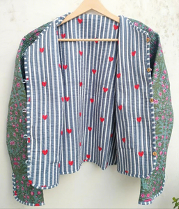 Pink Tropical <b>Kantha</b> Reversible Knitted Quilted <b>Jacket</b> Crafted Soft 100% Cotton Fabric Breathable Eco-Friendly Winter Embroidery - Product Image 1