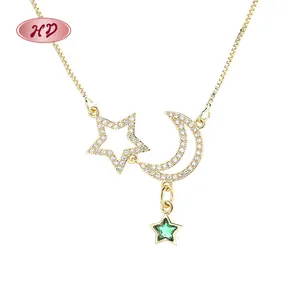 Großhandel Mode Mädchen Schmuck Aaa Zirkon Messing 18 Karat Gold gefüllt Star Moon Schmuck Charms Halskette für Frauen