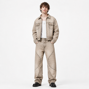 Pantalones Vaqueros Anchos de Hombre WangSheng, Color Beige, Lavado Desgastado, Costuras Curvas, Paneles Geométricos, Estilo Baggy Y2K Grunge Streetwear - Product Image 6