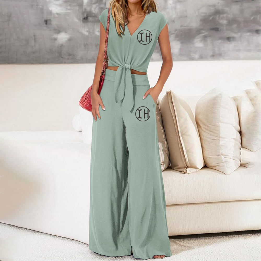 Factory Ladies Summer 2 Piece Outfits Casual Cap Sleeve V Neck Lace-up Cropped Tops Wide Leg Pant Sets with Pockets · image 2
