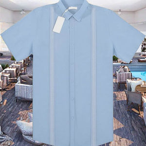 Chemise en lin pour homme pour l'été, style cubain Shagua Abella, design colorblock, brodée, à manches courtes, décontractée, col à revers, anti-rétrécissement - Product Image 2