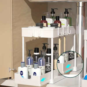 Étagère de rangement double couche avec <span class=keywords><strong>tiroir</strong></span>, paniers de cuisine extractibles avec crochets pour salle de bain - Product Image 4