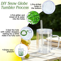 Gobelet en plastique à double paroi de 17 oz, type boule à neige, avec poignée, trou au fond avec bouchon en silicone, remplissable, pour paillettes DIY, avec couvercle à paille