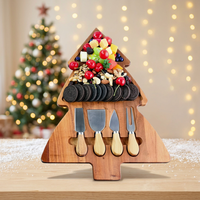 Planche de service en bois d'acacia en forme de sapin de Noël avec 4 couteaux à fromage, plateau de service divisé pour Noël, décoration de table de fête