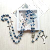 Chapelet miraculeux de 8 mm avec perles bleues, collier catholique, croix, cinq dizaines, chapelets uniques, crucifix