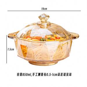 Bol en verre cristal ambre diamanté en gros, bol à nouilles instantanées, bol à salade avec couvercle, double anse, brun doré pour la maison - Product Image 6