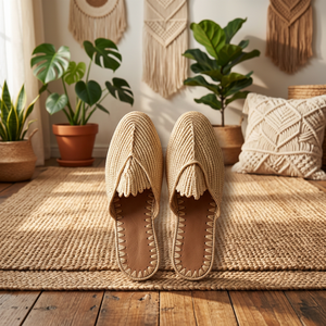 Sandalias de Rafia con Decoración de Borlas, Diseño a Rayas, Punta Abierta, Transpirables, para Verano, Interior, con Forro de Cuero Genuino - Product Image 6