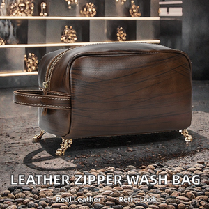 Pochette de toilette élégante vintage en cuir véritable avec fermeture éclair pour hommes et femmes, idéale pour l'extérieur - Product Image 2