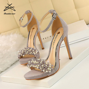 Sandales à talons très hauts pour femmes, en daim imperméable, avec plateforme, perles et strass - Product Image 5