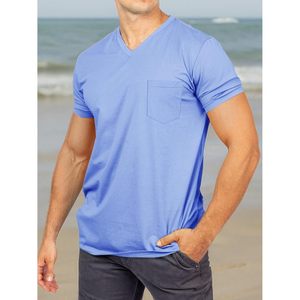 2025 camisetas de algodón con cuello en V para hombre, con bolsillo de verano Camisetas básicas para la playa de 280g, camisetas de manga corta comprimidas para Fitness - Product Image 6