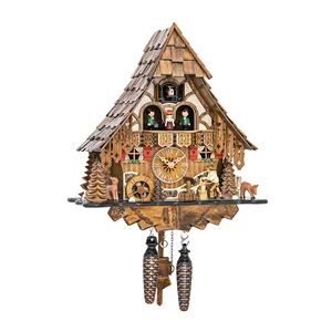 Orologio a cucù In legno di alta qualità Black Forest House con Lumberjack e ruota del mulino con musica Made In Germany
