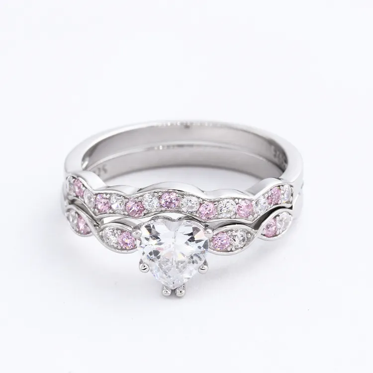 Brilliant Heart Cut Pink And Clear CZ S925 Sterling Silver Bridal Set Wedding Ring