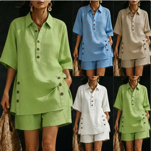 Completo Set Due Pezzi Donna Primavera Estate 2026: Camicia e Pantaloncini in Lino Casual alla Moda, Taglie Forti - Product Image 2