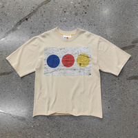 Kaos Pria Lengan Pendek Katun O-Neck Motif Lingkaran Tiga Warna Distressed Gaya Musim Panas Streetwear untuk Pemakaian Sehari-hari