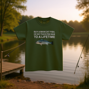Camiseta divertida con meme: Compra una camiseta con diseño de hombre comiendo pescado, enseñando a un pez a ser hombre de por vida. Ropa irónica, sarcástica y divertida. - Product Image 3