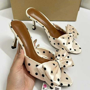 Women's Satin Bowknot Polka Dot Elegant Fashion Women Stiletto <b>Heel</b> Slide Sandals Beautiful Ladies High <b>Heel</b> Mules - Product Image 1