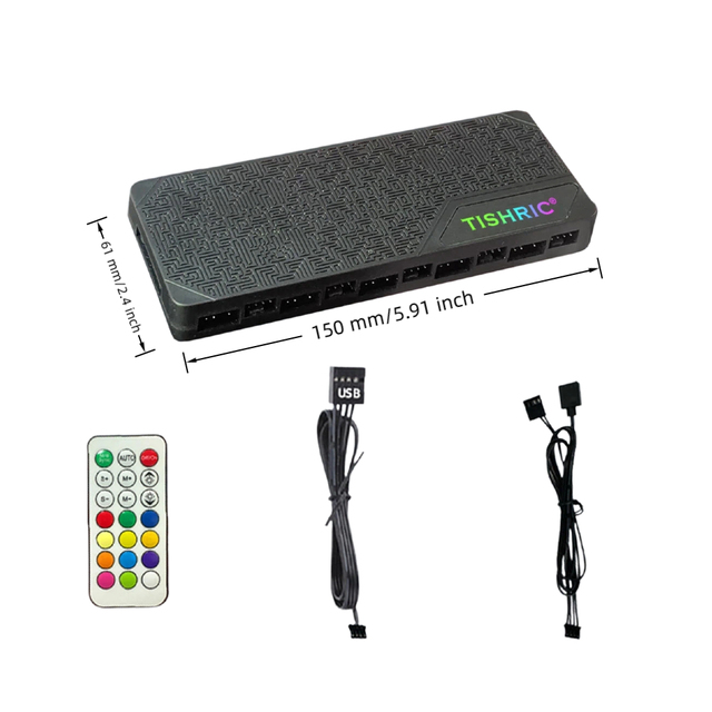 TISHRIC 10-port PWM & ARGB Controller 5V 4Pin ARGB Controller Magnetic Hub with Infrared Remote Control for PC CPU/Case Fans