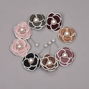 Handmade 6.5cm Camellia And Pearl Earl Grey Metal Brooch Fashion Accessory Diamond Hair Clips For Wedding Or Gift