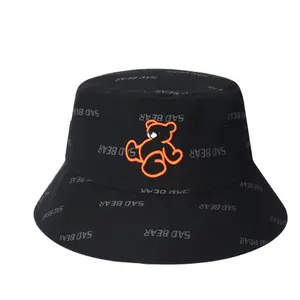 bucket hat bear blue Suppliers-WS142 2022 New Style Korean Embroidery Bucket Hat Summer Cute Bear Printed Design Fisherman Hat Reversible Street Travel Sun Hat