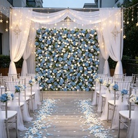 Toile de fond personnalisée 2,4 m x 2,4 m en rouleau, motifs fleurs blanches, roses et bleues, roses en soie 5D et hortensias, pour décoration de stand de mariage et de fête, mur écologique