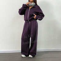 Vente en gros Survêtement passepoil à rayures personnalisées Veste à glissière à épaules tombantes Ensemble baggy de jogging Ensemble de gymnastique 2 pièces pour femmes