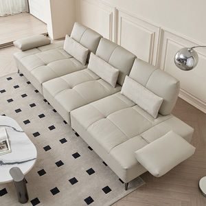 <b>Cream</b> Style Adjustable Backrest Genuine Leather Three Seater Straight <b>Sofa</b> Set For Small Living Room Home - Product Image 2