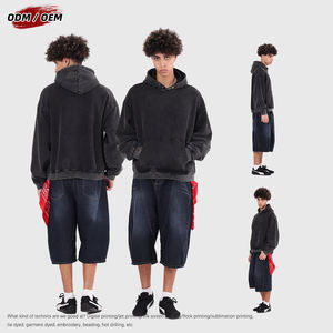 Sweat à capuche vintage noir pour homme, coupe oversize et carrée, en molleton délavé style batik, avec fermeture à boutons-pression, idéal pour l'hiver, service OEM disponible - Product Image 3