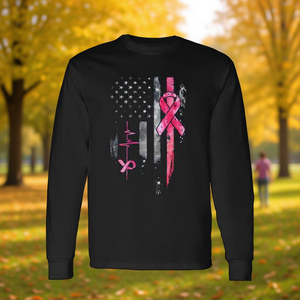 T-shirt à manches longues avec drapeau américain et ruban rose pour la sensibilisation au cancer du sein - Product Image 3