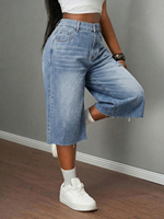 Shorts Bermuda en jean déchiré taille haute pour femme, coupe large, décontracté, ourlet brut, style Y2K, denim bleu, grande taille personnalisée
