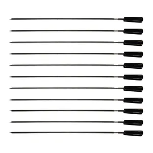 Stainless Steel Shish Kebab Set with Long Flat Square BBQ Fork Outdoor Wood Handle Skewer and Brush Accessory Metal Tool