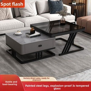 Table basse moderne de luxe léger avec structure en acier inoxydable et plateau en verre télescopique pour salon et petit appartement - Product Image 3