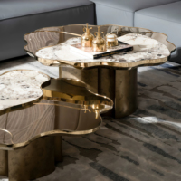 Table de salon de luxe en marbre et métal italiens Table à thé et café ovale créative à deux niveaux pour villas de forme irrégulière