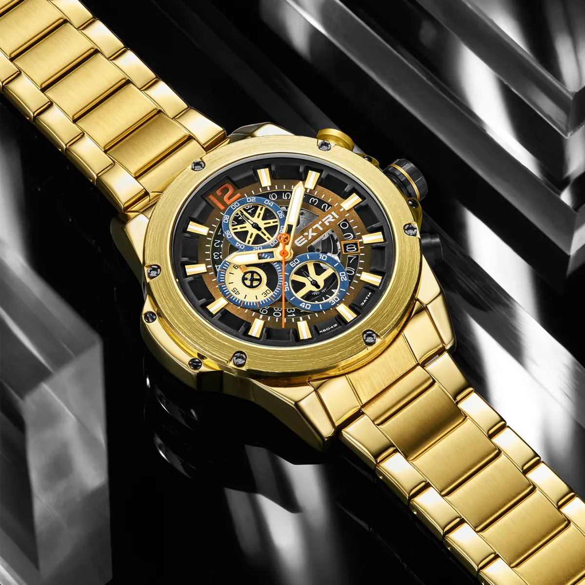 Brushed finish full gold plating luxury stainless steel back business sport relojes men watches