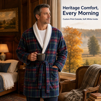Peignoir personnalisé imprimé, extérieur blanc doux, intérieur en polaire, col châle, marque privée, robe de chambre saisonnière pour homme