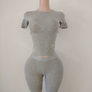 2024 Benutzerdefiniertes Logo Damenkleidung Übergröße Jersey Baumwolle Gerippte Loungewear Damen-Sets Boyshorts Freizeitkleidung 2-teilige Sets für Frauen - Product Image 5