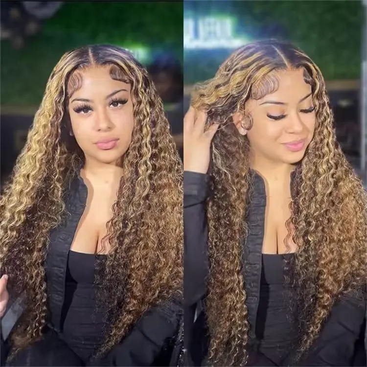 Highlight Ombre Bouclés Perruques de Cheveux Humains HD Transparent Lace Front Perruque Blond Miel Vague Profonde Lace Frontal Perruques pour les Femmes Noires