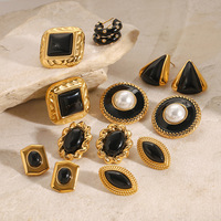 Set Anting Tusuk Berlapis Emas Hitam untuk Wanita, Anting Lingkaran Geometris Vintage dengan Mutiara dan Enamel, Perhiasan Fashion