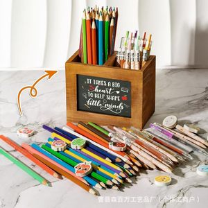 Portalápices de madera maciza, caja de almacenamiento cuadrada de Color Natural para escritorio, organizador de papelería para profesores, oficina y escuela - Product Image 4
