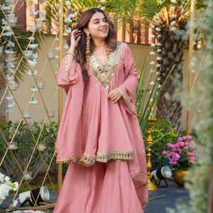 <b>Pink</b> Embroidered Shawl with Mirror Work Traditional Indian Pakistani Women's Wear Silk Soft Chinon Breathable Skin-Friendly - Product Image 2