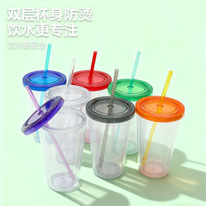 Shang Kou Ai 16Oz Double Walled Plastic <b>Cup</b> Transparent Colored <b>Lid</b> <b>With</b> Straw <b>Reusable</b> Gift <b>Cup</b> For General Use - Product Image 2