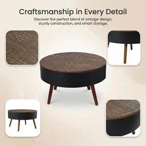31.5-inch Round Modern Wood Coffee <b>Table</b> with <b>Storage</b> Function Engraved Tabletop for <b>Small</b> Spaces Living Room Furniture - Product Image 5
