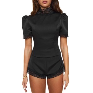 Conjuntos <span class=keywords><strong>de</strong></span> Top Corto <span class=keywords><strong>con</strong></span> Borde <span class=keywords><strong>de</strong></span> Encaje Satinado para Mujer, Primavera-Verano, <span class=keywords><strong>Blusa</strong></span> <span class=keywords><strong>con</strong></span> Cuello Alto y Hombros Acolchados, Pantalones Cortos <span class=keywords><strong>de</strong></span> Cintura Baja, Atuendos Femeninos 2026 - Product Image 6