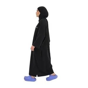 Transpirable verano manga larga cerrado negro musulmán mujeres vestido camiseta abaya Dubai