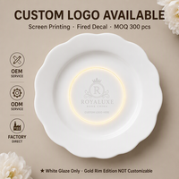 En stock Assiette de table en porcelaine New Bone China blanche à bord festonné motif lotus, assortiment de 7 tailles, logo OEM pour banquets de mariage