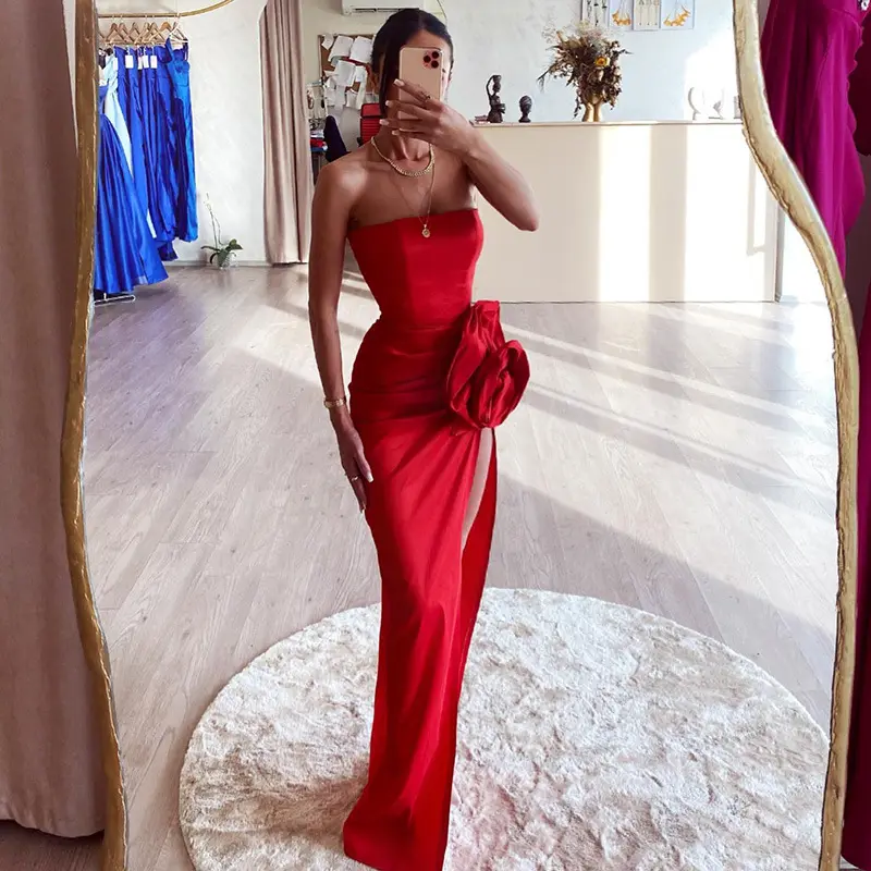 Thanh Lịch 3D Hoa Màu Đỏ Maxi Dress Cho Phụ Nữ Thời Trang Ống Không Tay Vỏ Bọc Dresses 2024 Nữ Hộp Đêm Tiệc Vestidos 2641