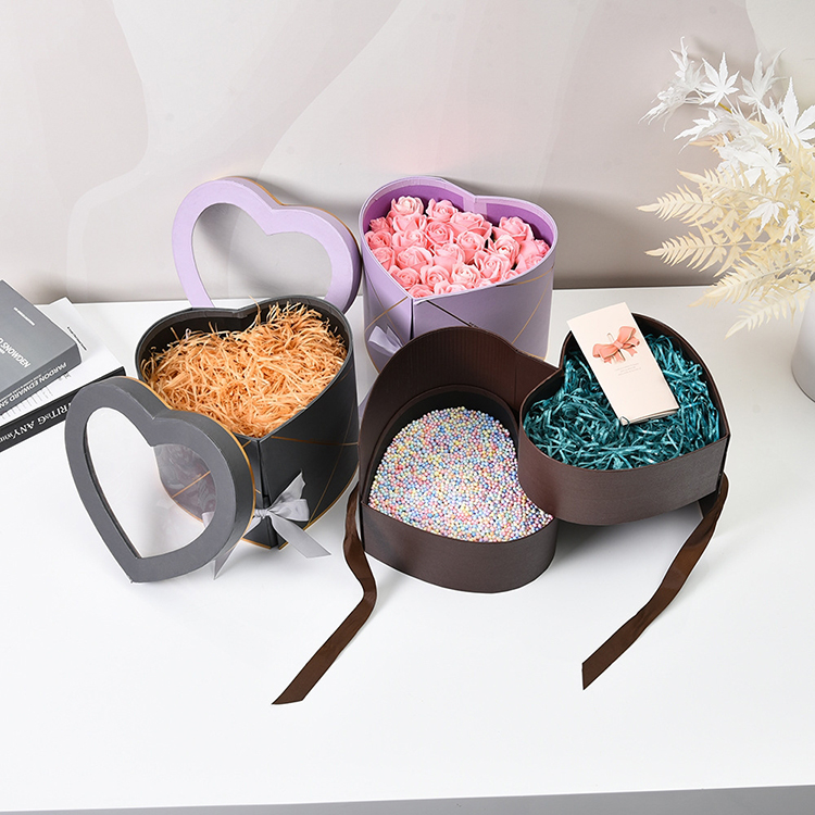 luxury empty two layer heart shaped paper packing decorating rose flower box for flowers