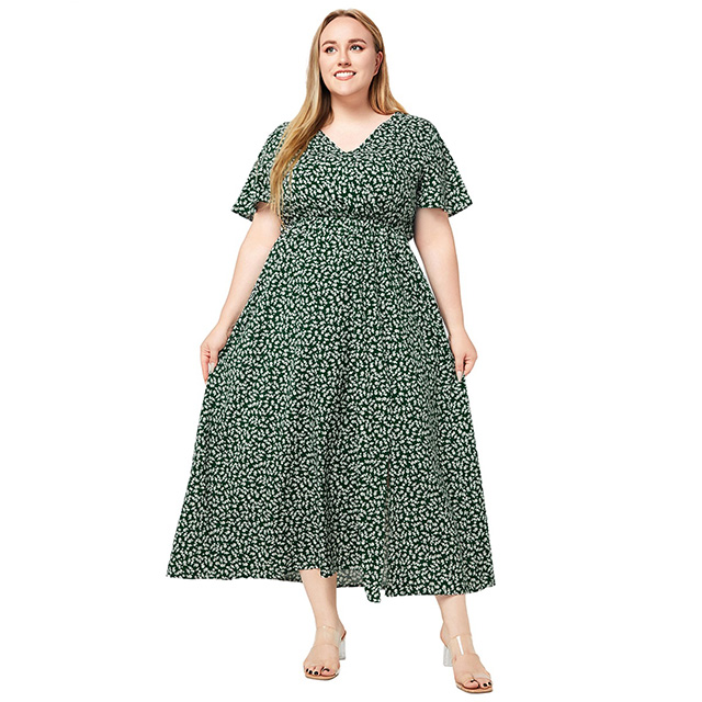 2024 Plus-Size Women's Summer New V-Neck Short Sleeve Split Print Pocket Bohemian Beach Dress Seaside Holiday Dress