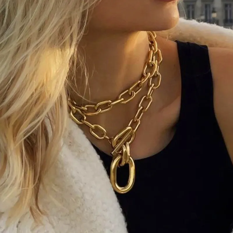 Collar de cadena de aluminio multicapa para mujer, gargantilla de metal geométrica, cadena larga, a la moda, novedad de 2023